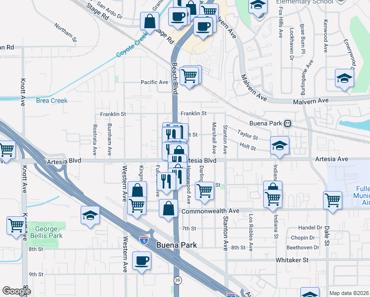 map of restaurants, bars, coffee shops, grocery stores, and more near 5911 Homewood Avenue in Buena Park