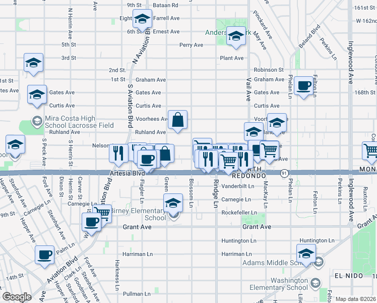 map of restaurants, bars, coffee shops, grocery stores, and more near 2107 Blossom Lane in Redondo Beach