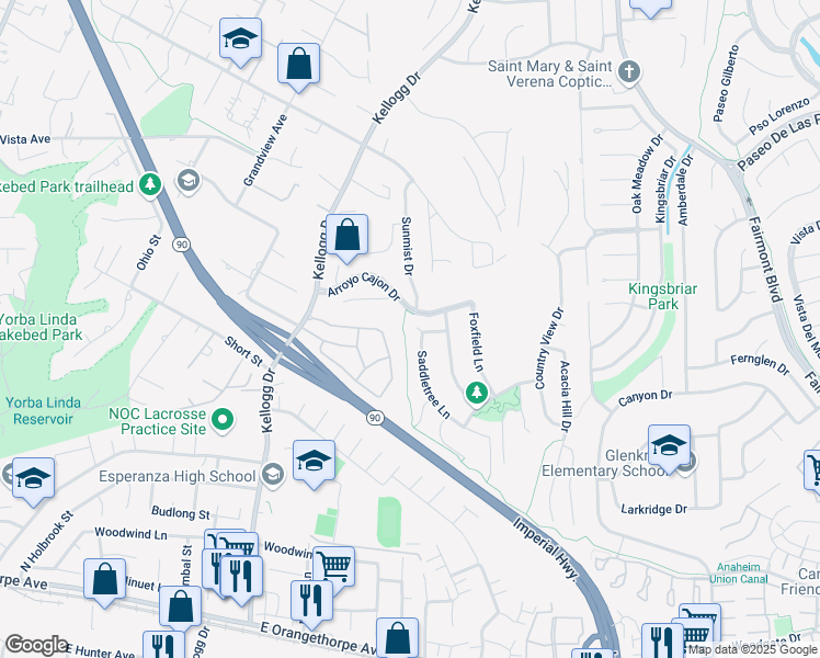 map of restaurants, bars, coffee shops, grocery stores, and more near 6021 Saddletree Lane in Yorba Linda