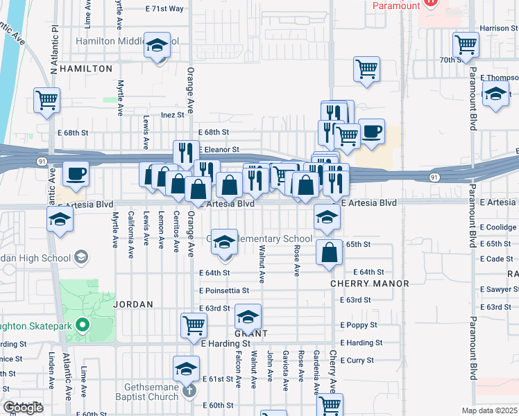 map of restaurants, bars, coffee shops, grocery stores, and more near 1540 East Artesia Boulevard in Long Beach