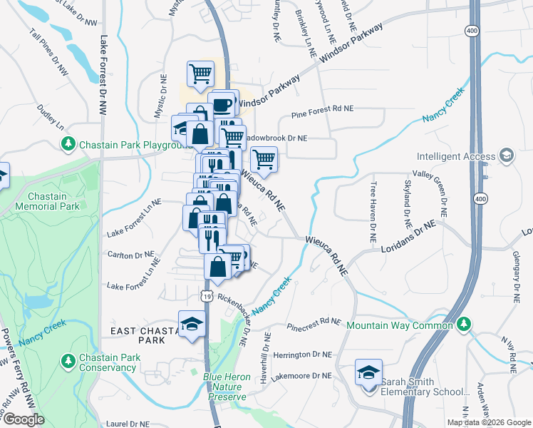 map of restaurants, bars, coffee shops, grocery stores, and more near 4545 West Wieuca Road Northeast in Atlanta