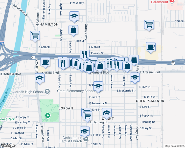 map of restaurants, bars, coffee shops, grocery stores, and more near 6595 Brayton Avenue in Long Beach