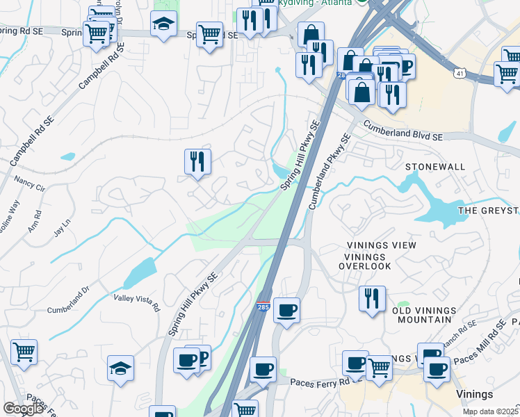 map of restaurants, bars, coffee shops, grocery stores, and more near 1209 Cumberland Court Southeast in Smyrna