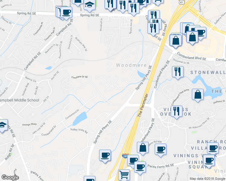map of restaurants, bars, coffee shops, grocery stores, and more near 2205 Cumberland Court Southeast in Smyrna