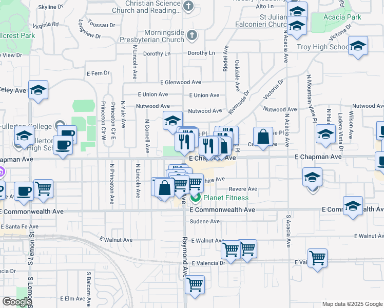 map of restaurants, bars, coffee shops, grocery stores, and more near 1217 East Chapman Avenue in Fullerton