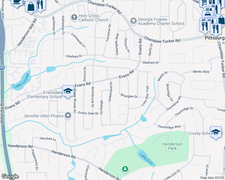map of restaurants, bars, coffee shops, grocery stores, and more near 2928 Whitby Drive in Atlanta