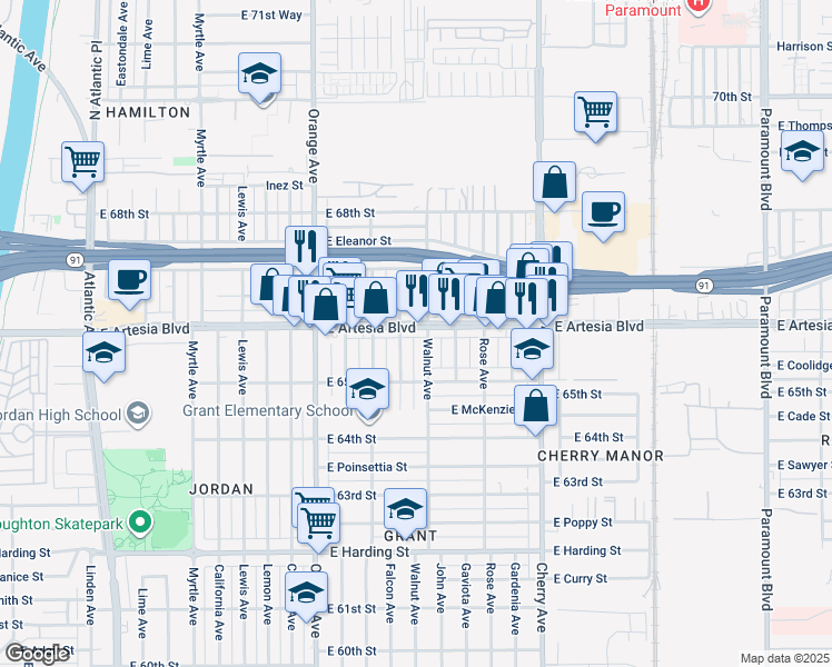 map of restaurants, bars, coffee shops, grocery stores, and more near 1518 East Artesia Boulevard in Long Beach