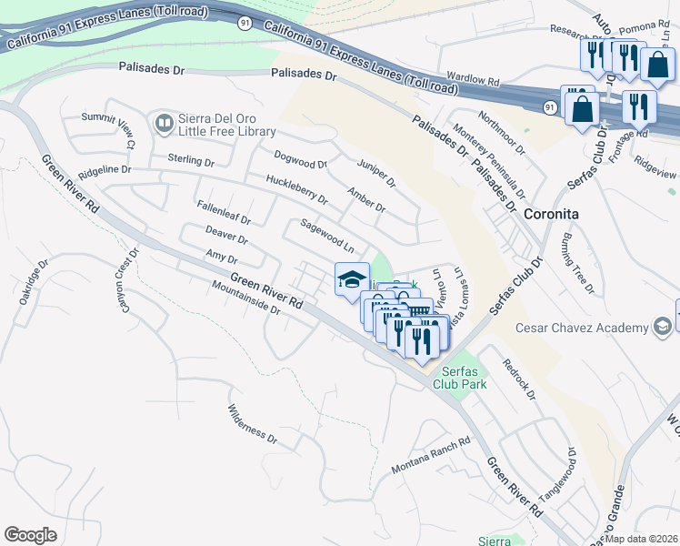 map of restaurants, bars, coffee shops, grocery stores, and more near 3080 Timberline Drive in Corona