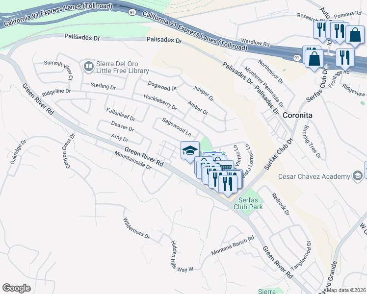 map of restaurants, bars, coffee shops, grocery stores, and more near 3080 Timberline Drive in Corona