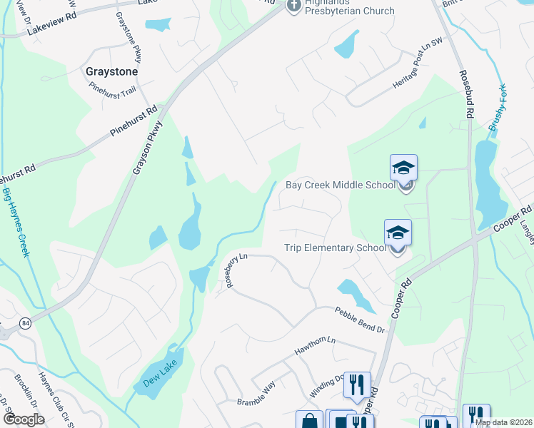 map of restaurants, bars, coffee shops, grocery stores, and more near 1020 Capella Creek Way in Grayson