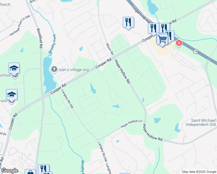 map of restaurants, bars, coffee shops, grocery stores, and more near 2931 Cooper Woods Drive in Loganville