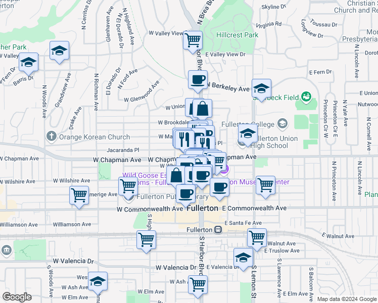 map of restaurants, bars, coffee shops, grocery stores, and more near 222 East Whiting Avenue in Fullerton
