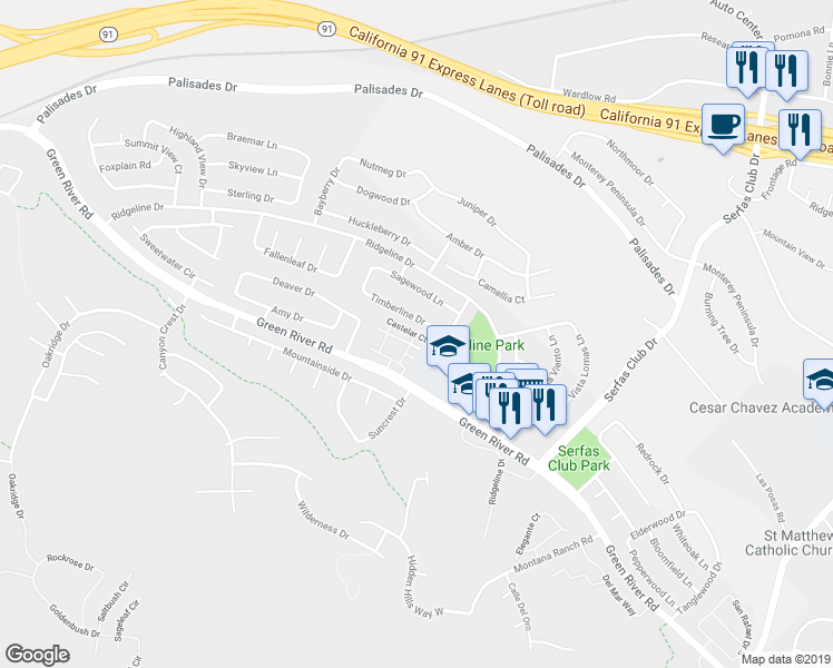 map of restaurants, bars, coffee shops, grocery stores, and more near 1101 San Nicolas Court in Corona