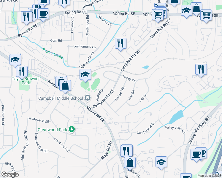 map of restaurants, bars, coffee shops, grocery stores, and more near 3330 Campbell Road Southeast in Smyrna