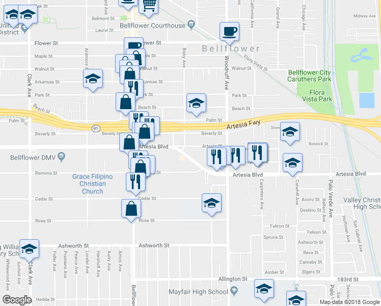 map of restaurants, bars, coffee shops, grocery stores, and more near 10009 Artesia Boulevard in Bellflower