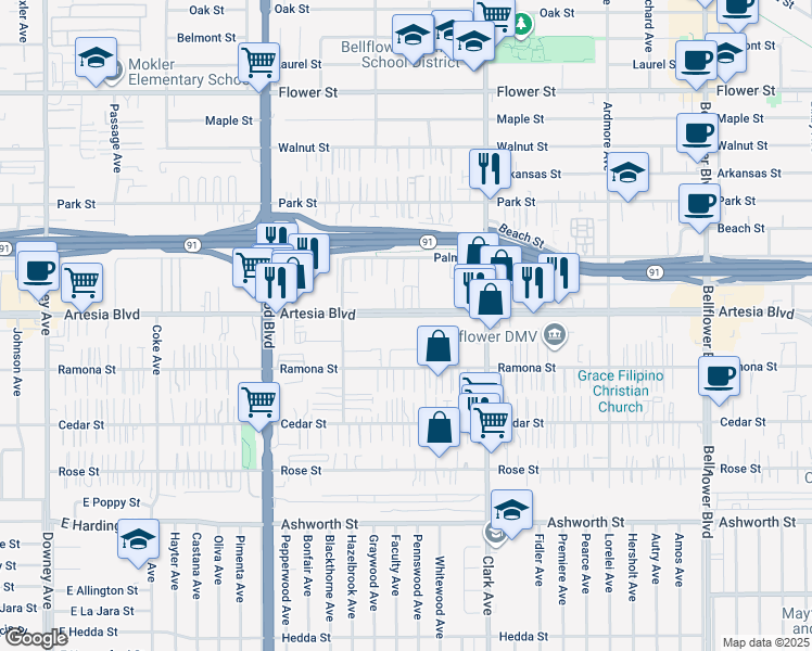 map of restaurants, bars, coffee shops, grocery stores, and more near 9230 Artesia Boulevard in Bellflower