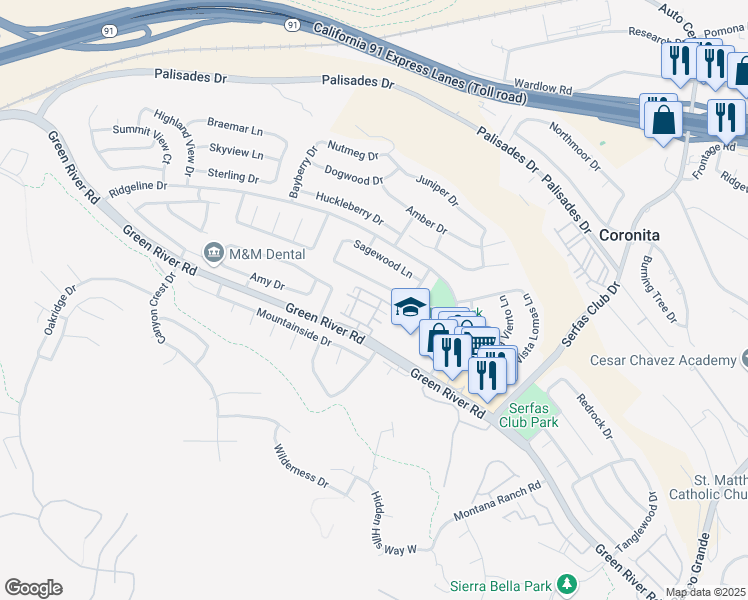 map of restaurants, bars, coffee shops, grocery stores, and more near in Corona