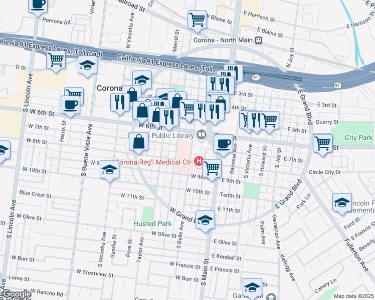 map of restaurants, bars, coffee shops, grocery stores, and more near 322 West 7th Street in Corona
