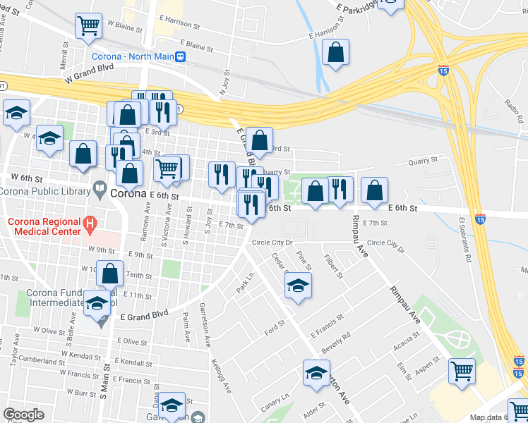 map of restaurants, bars, coffee shops, grocery stores, and more near 710 East 6th Street in Corona