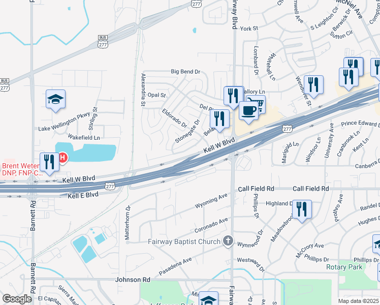 map of restaurants, bars, coffee shops, grocery stores, and more near 4812 Belair Boulevard in Wichita Falls