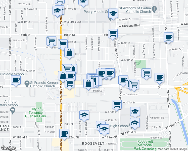 map of restaurants, bars, coffee shops, grocery stores, and more near 1519 West 173rd Street in Gardena