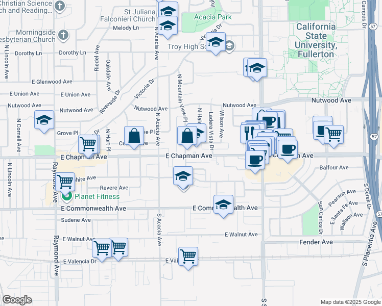 map of restaurants, bars, coffee shops, grocery stores, and more near 2015 East Chapman Avenue in Fullerton