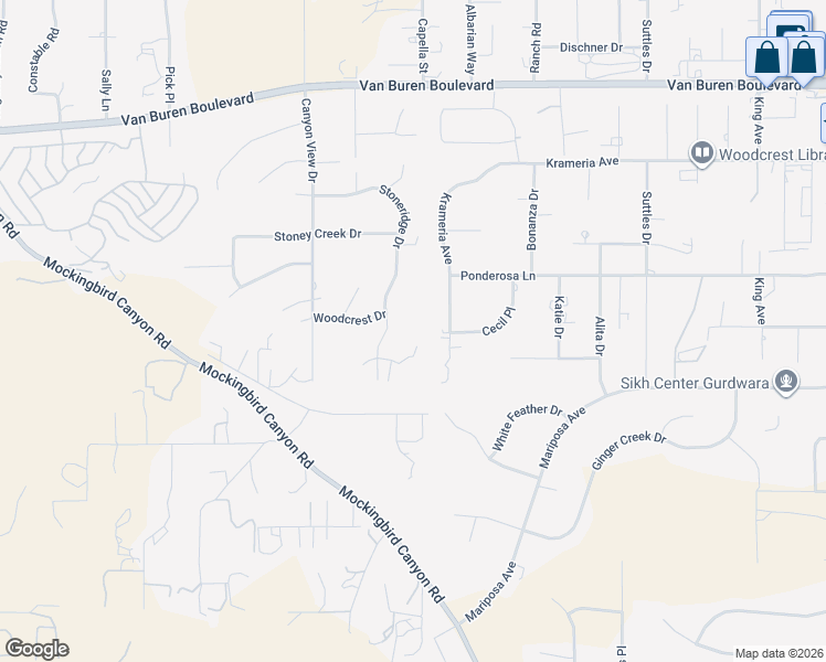 map of restaurants, bars, coffee shops, grocery stores, and more near 16220 Stoneridge Drive in Riverside