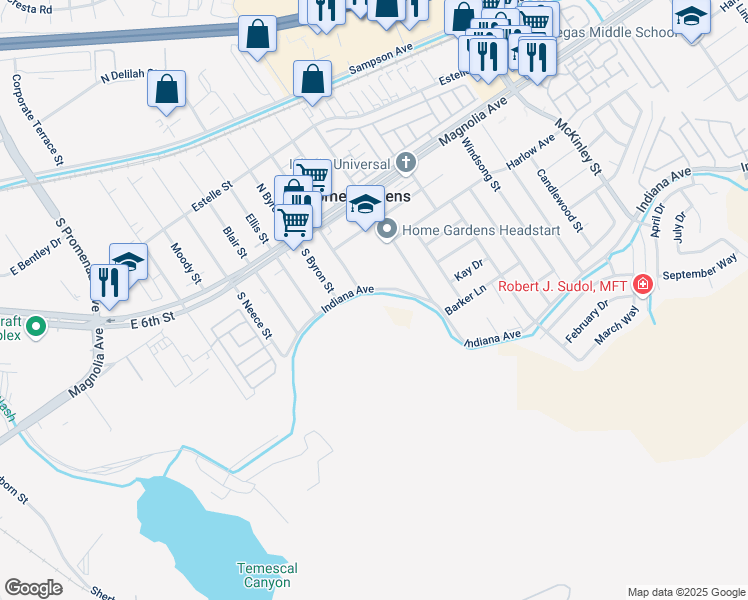 map of restaurants, bars, coffee shops, grocery stores, and more near 13597 Indiana Avenue in Corona