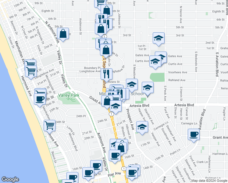 map of restaurants, bars, coffee shops, grocery stores, and more near 1141 Tennyson Street in Manhattan Beach