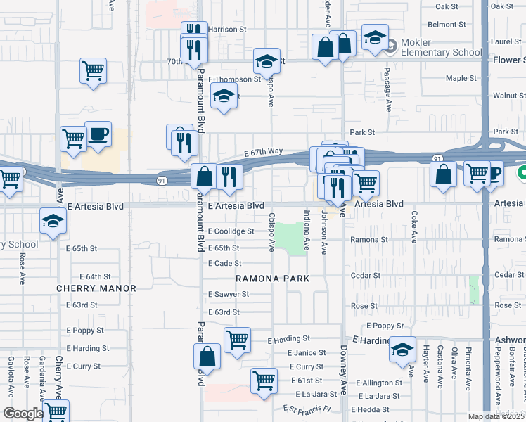 map of restaurants, bars, coffee shops, grocery stores, and more near 3100 East Artesia Boulevard in Long Beach