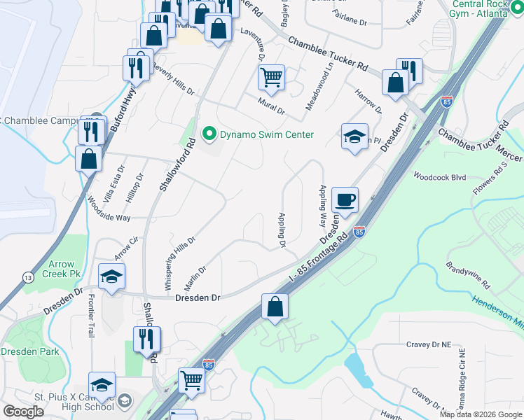 map of restaurants, bars, coffee shops, grocery stores, and more near 2950 Marlin Circle in Atlanta