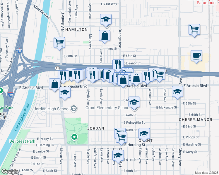 map of restaurants, bars, coffee shops, grocery stores, and more near 1106 East Artesia Boulevard in Long Beach