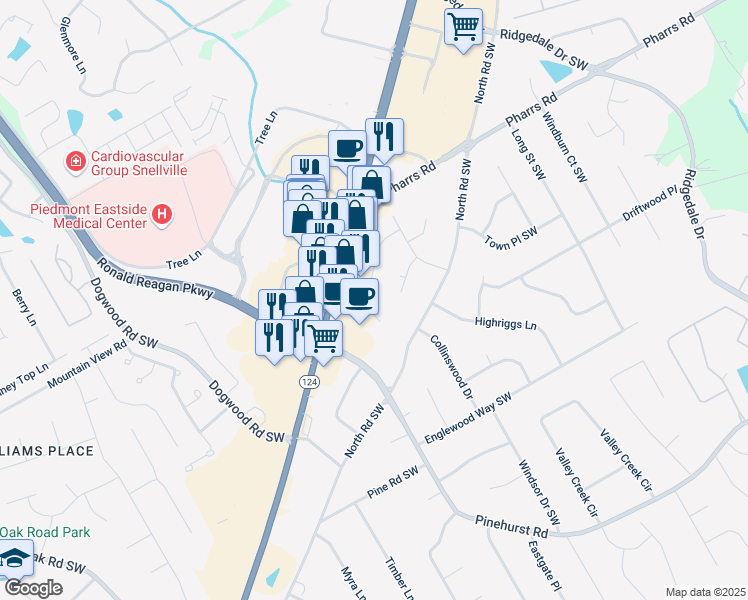 map of restaurants, bars, coffee shops, grocery stores, and more near 1908 Valley View Road Southwest in Snellville