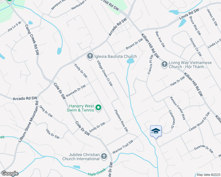 map of restaurants, bars, coffee shops, grocery stores, and more near 471 Village Green Court Southwest in Lilburn