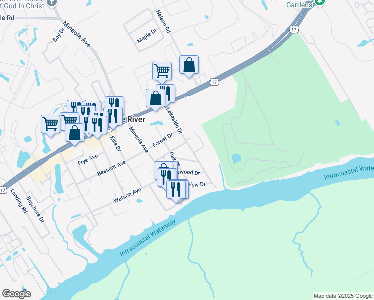 map of restaurants, bars, coffee shops, grocery stores, and more near 4406 Lakeside Drive in Little River