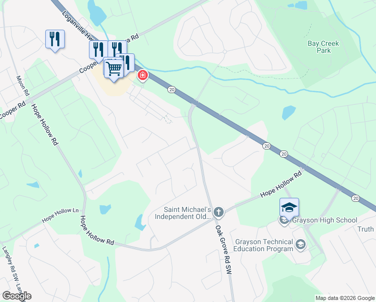 map of restaurants, bars, coffee shops, grocery stores, and more near 235 Wild Barley Way in Loganville