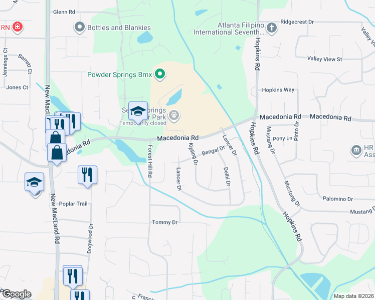 map of restaurants, bars, coffee shops, grocery stores, and more near 3070 Kipling Drive in Powder Springs