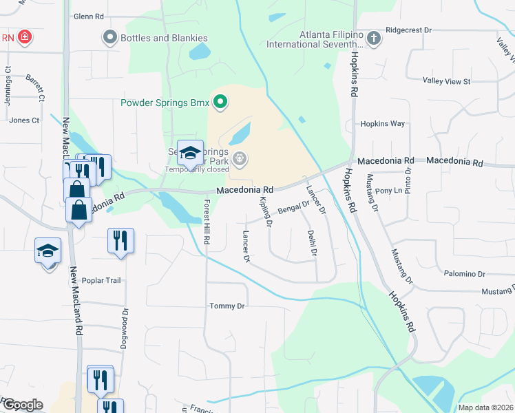 map of restaurants, bars, coffee shops, grocery stores, and more near 3070 Kipling Drive in Powder Springs