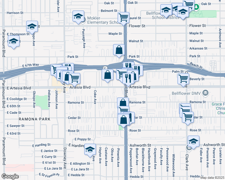 map of restaurants, bars, coffee shops, grocery stores, and more near 8808 Artesia Boulevard in Bellflower