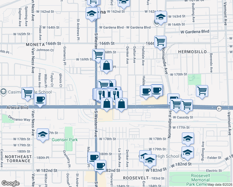 map of restaurants, bars, coffee shops, grocery stores, and more near 1655 Orchid Way in Gardena