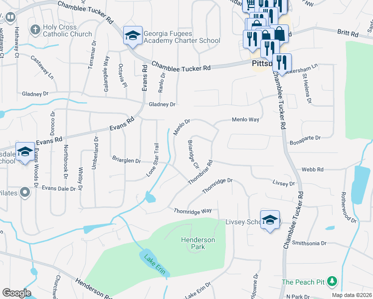 map of restaurants, bars, coffee shops, grocery stores, and more near 3954 Briaridge Circle in Doraville