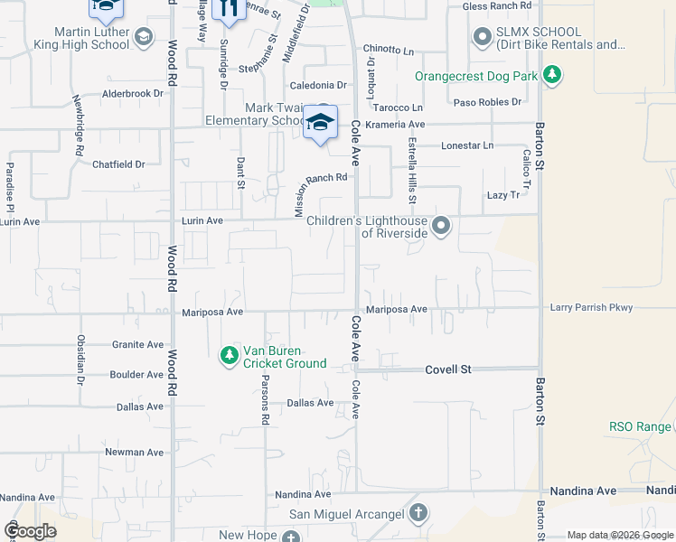 map of restaurants, bars, coffee shops, grocery stores, and more near 19399 Lurin Avenue in Riverside