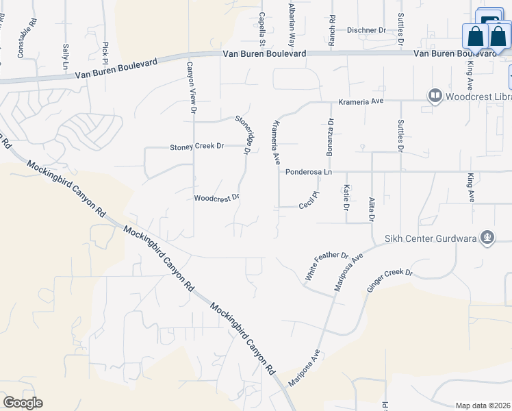 map of restaurants, bars, coffee shops, grocery stores, and more near 16220 Stoneridge Drive in Riverside