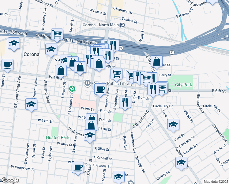 map of restaurants, bars, coffee shops, grocery stores, and more near 619 South Victoria Avenue in Corona