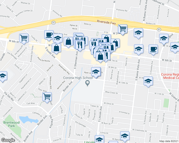 map of restaurants, bars, coffee shops, grocery stores, and more near 910 South Grant Avenue in Corona