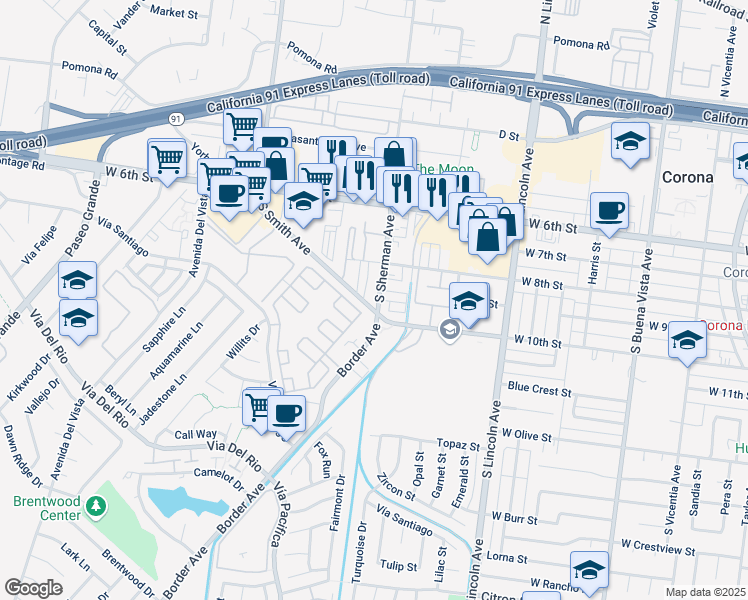 map of restaurants, bars, coffee shops, grocery stores, and more near 993 South Smith Avenue in Corona