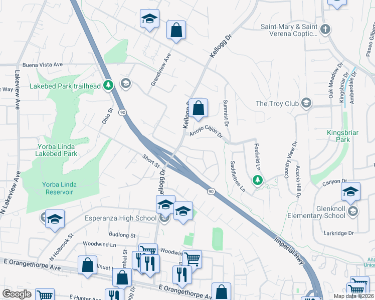 map of restaurants, bars, coffee shops, grocery stores, and more near 19076 Alamo Lane in Yorba Linda