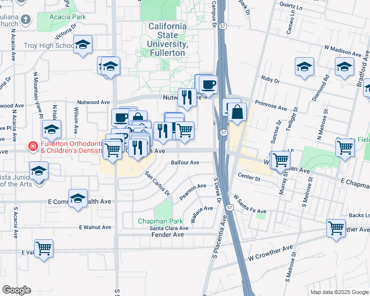 map of restaurants, bars, coffee shops, grocery stores, and more near 2601 East Chapman Avenue in Fullerton