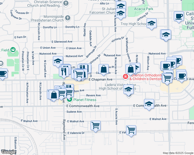 map of restaurants, bars, coffee shops, grocery stores, and more near 1451 East Chapman Avenue in Fullerton