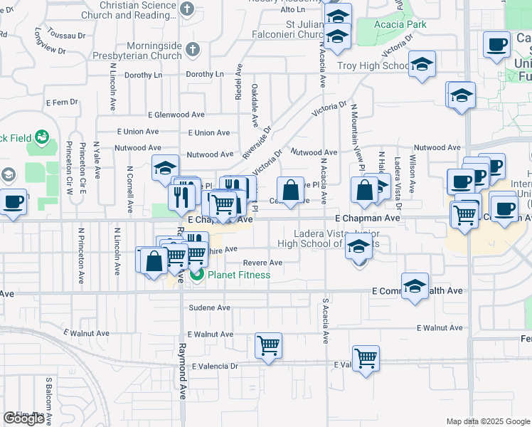 map of restaurants, bars, coffee shops, grocery stores, and more near 1451 East Chapman Avenue in Fullerton